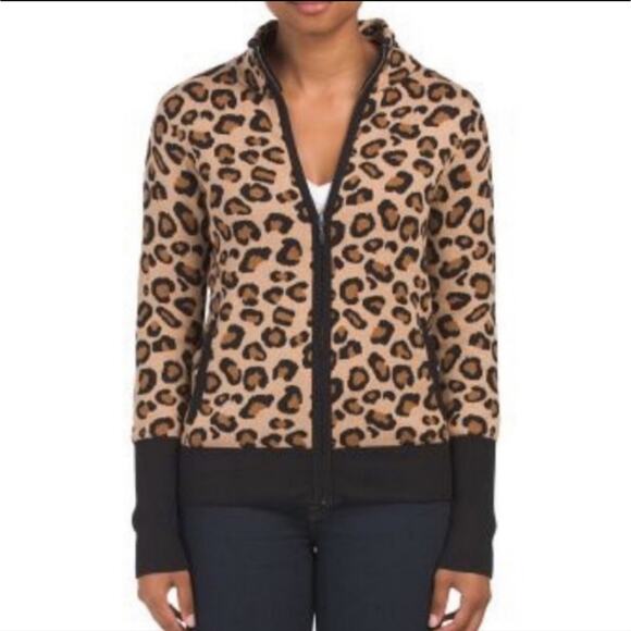 Rachel Zoe Leopard Mock Neck Zip Front Long Sleeve Cardigan Sweater Size M - Picture 2 of 11